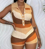 Lapel Breasted Fashion Color Block Splicing Sleeveless Jumpsuit Shorts Women