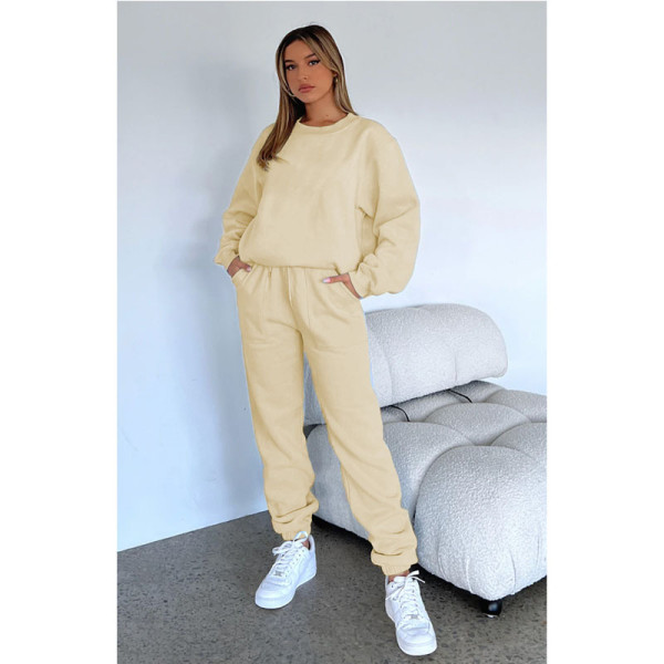 Solid Color Fleece Round Neck Pullover Long Sleeve Sweater Fashion Casual Pants Set