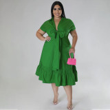 Plus Size Women's Solid Color Lapel Half Cardigan Top Fashion Lace Up Pleated Dress