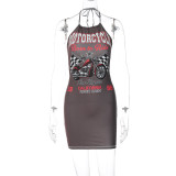 Biker print lace-up halterneck sexy revealing backpack hip dress