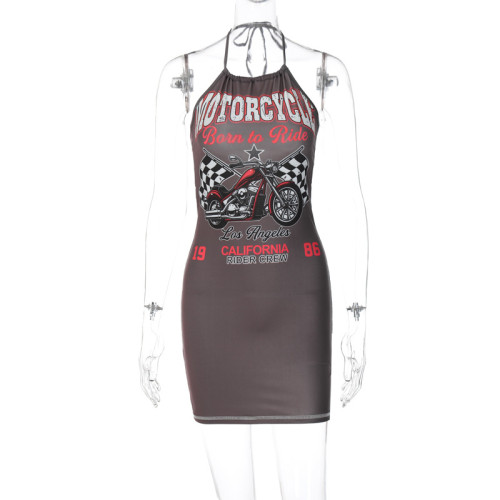 Biker print lace-up halterneck sexy revealing backpack hip dress