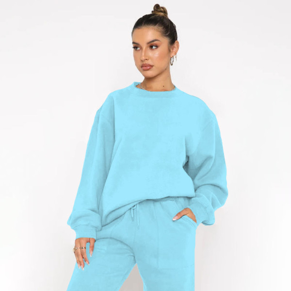 Solid Color Fleece Round Neck Pullover Long Sleeve Sweater Fashion Casual Pants Set