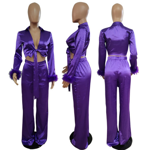 Stretch smooth satin strappy lapel straight set