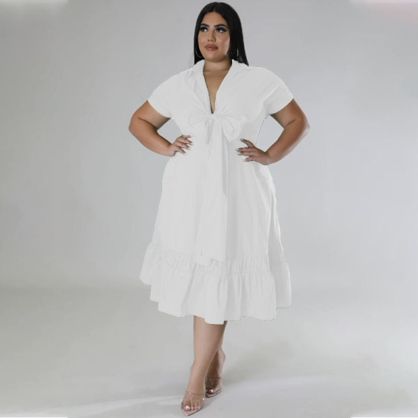Plus Size Women's Solid Color Lapel Half Cardigan Top Fashion Lace Up Pleated Dress