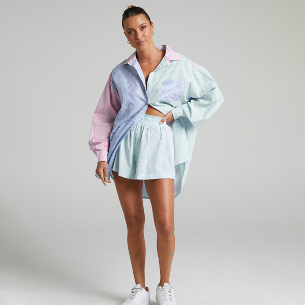 Women's Single Breasted Striped Colorblock Long Sleeve Shirt Top Two Piece Fashion Casual Short Suit