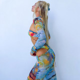 Printed Long Sleeve Cape Skirt Swimsuit Sexy Lace-Up Dress