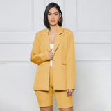 Simple style solid color long-sleeved suit jacket Fashion casual shorts suit