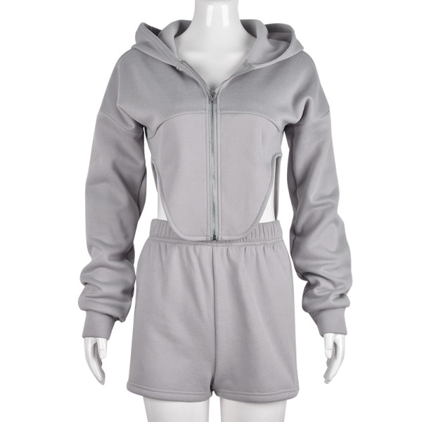 Hooded Zip Panel Long Sleeve Sports Fashion Pant Set