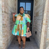 Tie Dye Print Lapel Pleated Shirt Fashion Casual Plus Size Women Dress