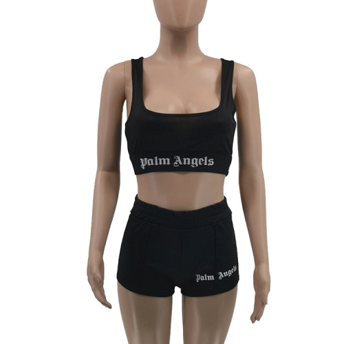 Athleisure Letter Print Tank Top High Waist Shorts Two-Piece Set