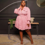 Solid Color Round Neck Single Breasted Women's Blouse Plus Size Women's Long Sleeve Pleated Dress