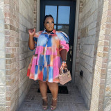 Tie Dye Print Lapel Pleated Shirt Fashion Casual Plus Size Women Dress
