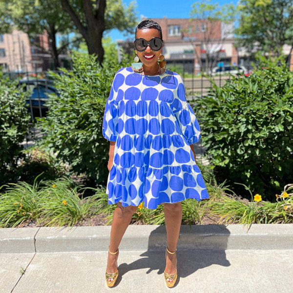 Fashionable and fresh big polka dot loose round neck mid-sleeve pleated dress