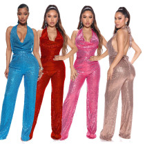 Women's Sleeveless Halter Sequin Tie Jumpsuit with Belt Women's Sleeveless Halter Sequin Tie Jumpsuit with Belt