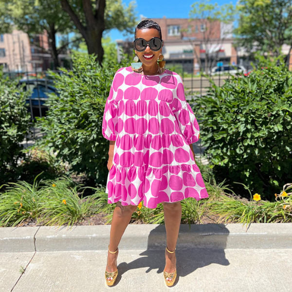 Fashionable and fresh big polka dot loose round neck mid-sleeve pleated dress