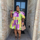 Tie Dye Print Lapel Pleated Shirt Fashion Casual Plus Size Women Dress