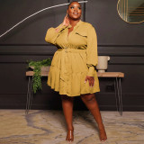 Solid Color Round Neck Single Breasted Women's Blouse Plus Size Women's Long Sleeve Pleated Dress