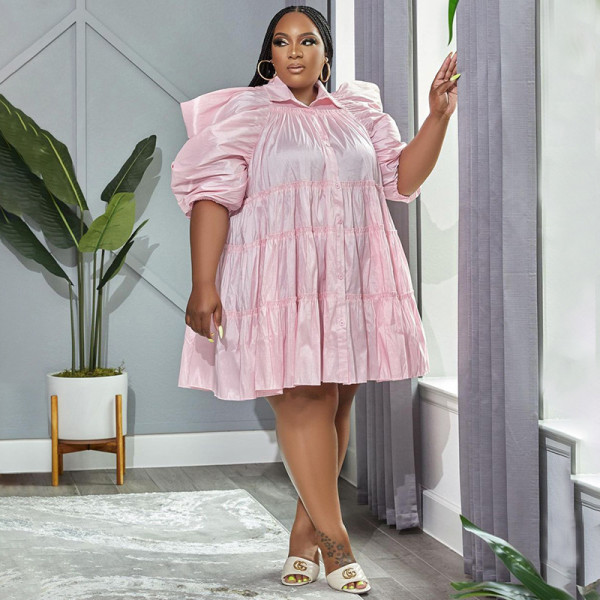 Lapel Pleated Mid Sleeve Shirt Fashion Casual Plus Size Dress