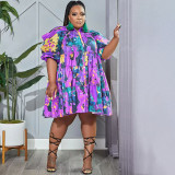 Graffiti Print Lapel Single Breasted Shirt Fashion Mid Length Plus Size Dress