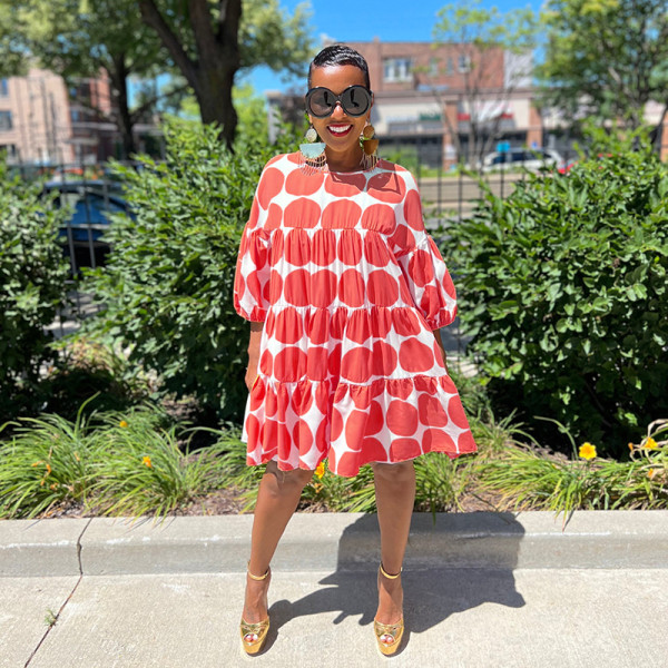 Fashionable and fresh big polka dot loose round neck mid-sleeve pleated dress