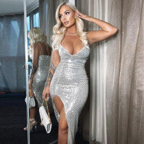 Sexy Double Shoulder Sequin Slit Slim Dress