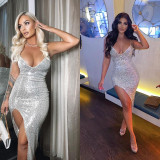 Sexy Double Shoulder Sequin Slit Slim Dress