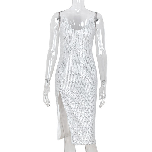 Sexy Double Shoulder Sequin Slit Slim Dress