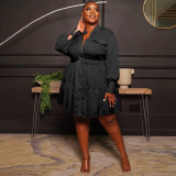 Solid Color Round Neck Single Breasted Women's Blouse Plus Size Women's Long Sleeve Pleated Dress