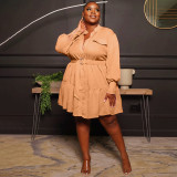 Solid Color Round Neck Single Breasted Women's Blouse Plus Size Women's Long Sleeve Pleated Dress