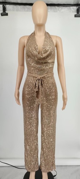 Women's Sleeveless Halter Sequin Tie Jumpsuit with Belt