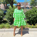 Fashionable and fresh big polka dot loose round neck mid-sleeve pleated dress