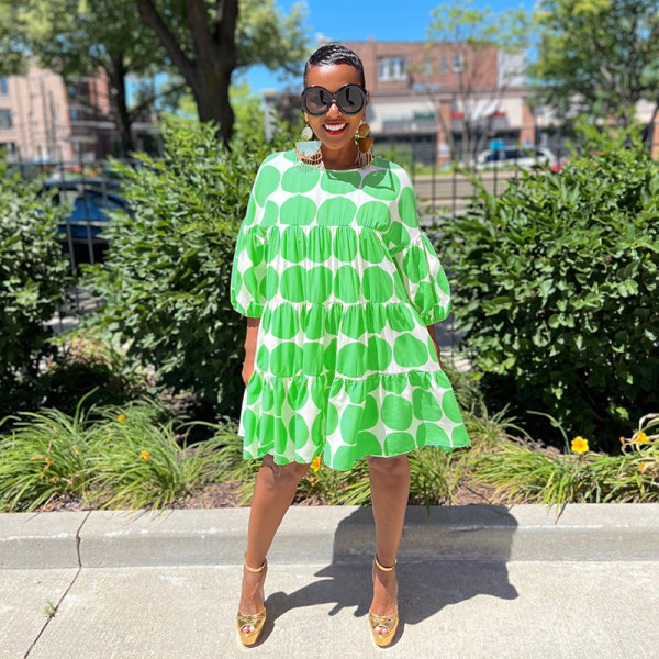 Fashionable and fresh big polka dot loose round neck mid-sleeve pleated dress