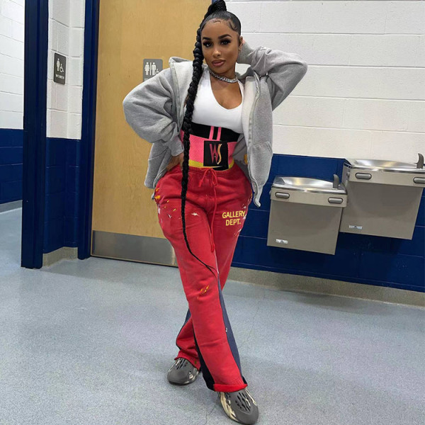 Solid Color Sweatshirt Colorblock Letter Print Loose Drawstring Sweatpants