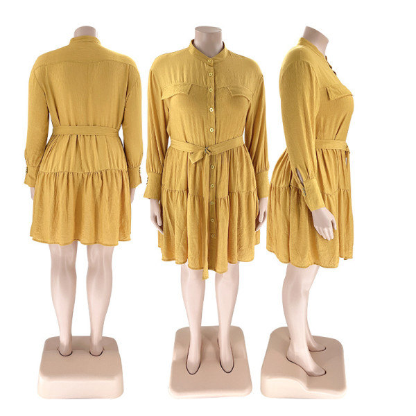 Solid Color Round Neck Single Breasted Women's Blouse Plus Size Women's Long Sleeve Pleated Dress