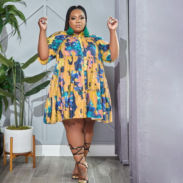 Graffiti Print Lapel Single Breasted Shirt Fashion Mid Length Plus Size Dress