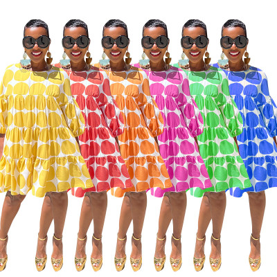 Fashionable and fresh big polka dot loose round neck mid-sleeve pleated dress