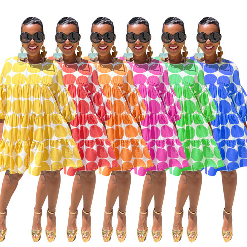Fashionable and fresh big polka dot loose round neck mid-sleeve pleated dress