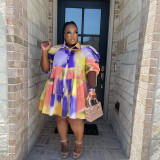 Tie Dye Print Lapel Pleated Shirt Fashion Casual Plus Size Women Dress
