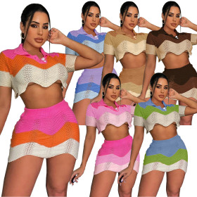 Fashion polo shirt wool knitted multicolor slim hip skirt two-piece set