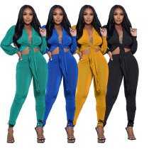Solid Color Cardigan Tie Knot Long Sleeve Women's Two-piece Fashion Casual Tight Pants Set Solid Color Cardigan Tie Knot Long Sleeve Women's Two-piece Fashion Casual Tight Pants Set