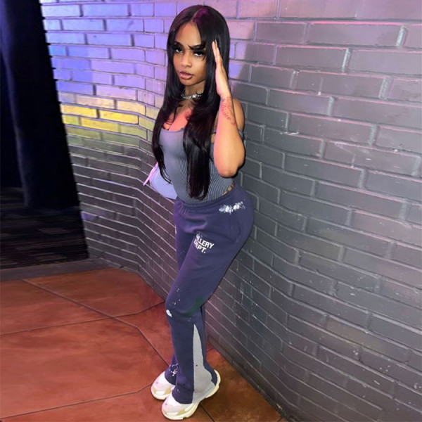Solid Color Sweatshirt Colorblock Letter Print Loose Drawstring Sweatpants