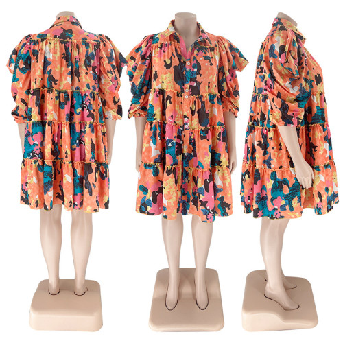 Graffiti Print Lapel Single Breasted Shirt Fashion Mid Length Plus Size Dress