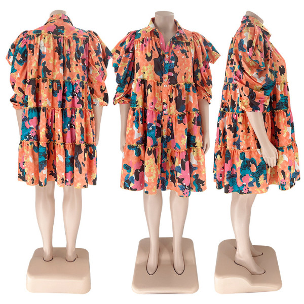 Graffiti Print Lapel Single Breasted Shirt Fashion Mid Length Plus Size Dress