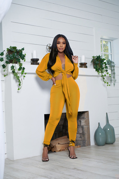 Solid Color Cardigan Tie Knot Long Sleeve Women's Two-piece Fashion Casual Tight Pants Set