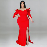 plus size sexy lotus leaf sleeve hip open back dress dress