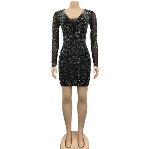 Fashion Women's Hot Diamond V Neck Long Sleeve Mesh Sheer Dress