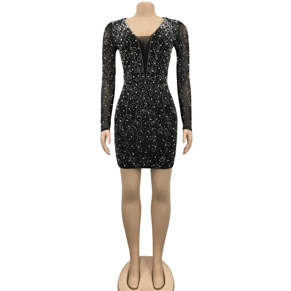 Fashion Women's Hot Diamond V Neck Long Sleeve Mesh Sheer Dress