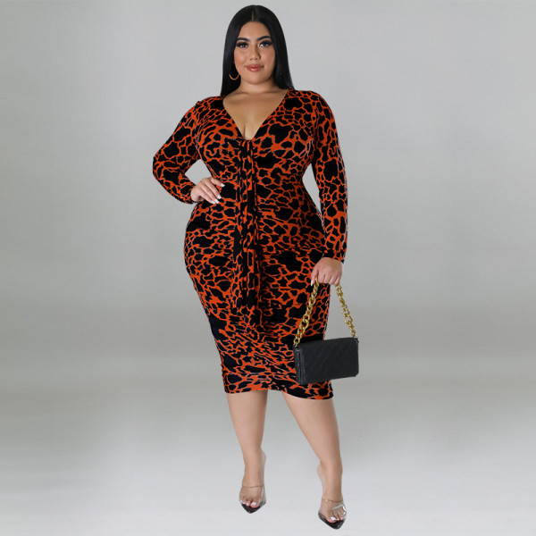 Plus Size Women's Sexy Bag Hip Leopard Print Multicolor Long Sleeve Long Dress
