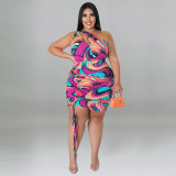 Plus Size Printed One Shoulder Sleeve Sexy Drawstring Hip Dress