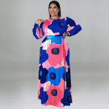 Plus Size Women's Long Sleeve Long Dress Big Flower Print Fashion Dress